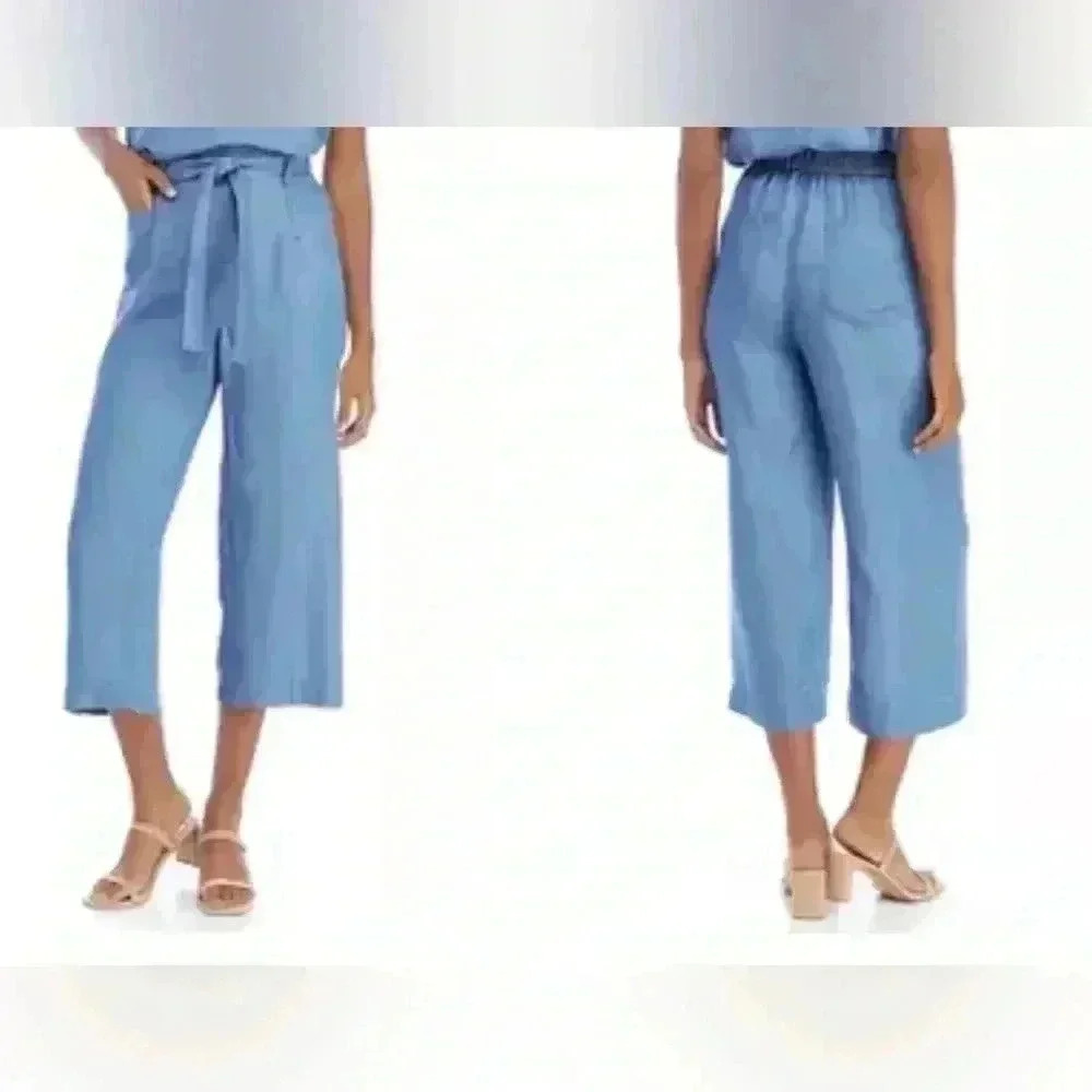 Sharagano Lyocell Blue Wide Leg Cropped Tie Waist Pants in Size Small.